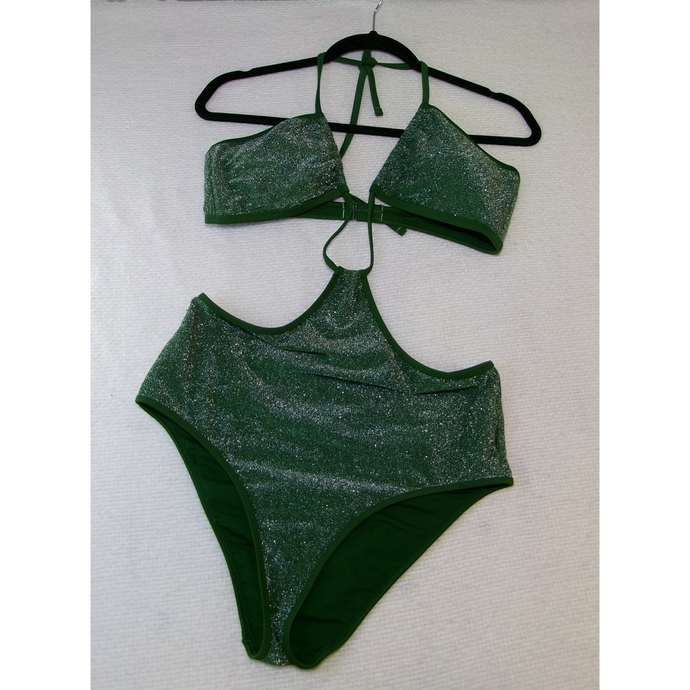 Aerie Green Metallic Shimmer Sparkle Cutout One Piece‎ Swimsuit Monokini Size 6